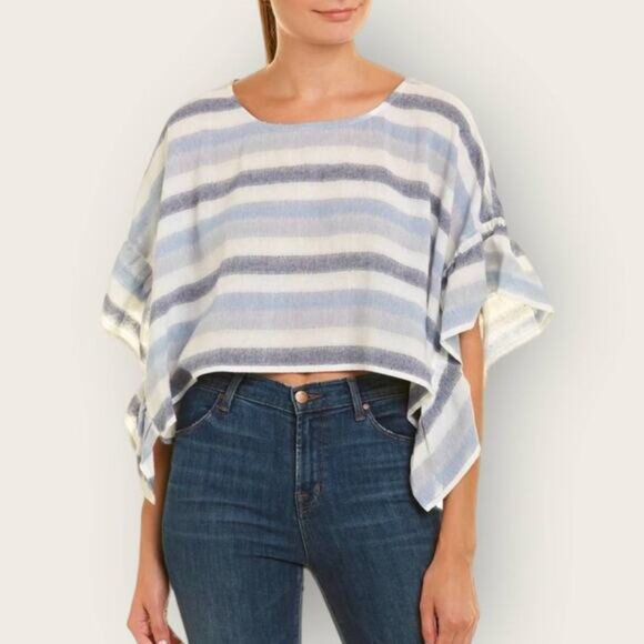 BCBGeneration Striped Crop Top | XXS | Blue White Flutter Sleeve Cotton Gauze - Picture 2 of 8